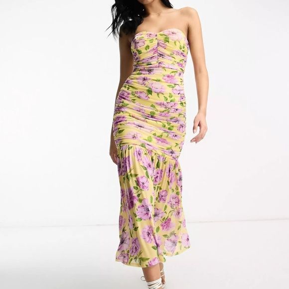 ASOS Design Mesh Ruched Bandeau Strapless Maxi Floral Dress Size 6 - Picture 4 of 14